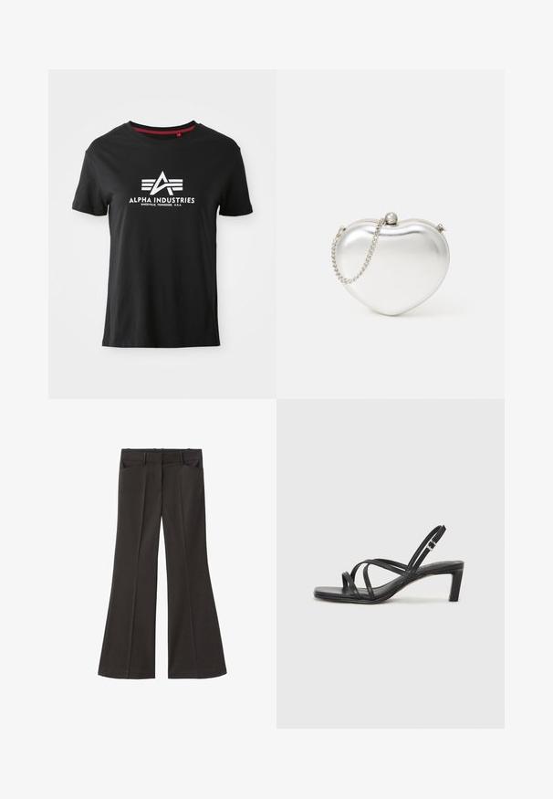 Zwarte katoenen t-shirt met een ronde hals en korte mouwen. Beschikt over een opvallend wit logo met gestileerde letters en accentlijnen aan de voorkant.; Zwarte flared broek met een hoge taille; beschikt over twee voorkeurszakken en een gladde stoftextuur. Geschikt voor verschillende gelegenheden.; Zwarte sandaal met bandjes, vierkante teen en een lage blokhak. Voorzien van meerdere dunne bandjes en een verstelbare enkelband. Gemaakt van zacht leer.; Hartvormige metalen zilveren clutch met een gladde textuur, sluiting met haak en een zilveren kettingband.