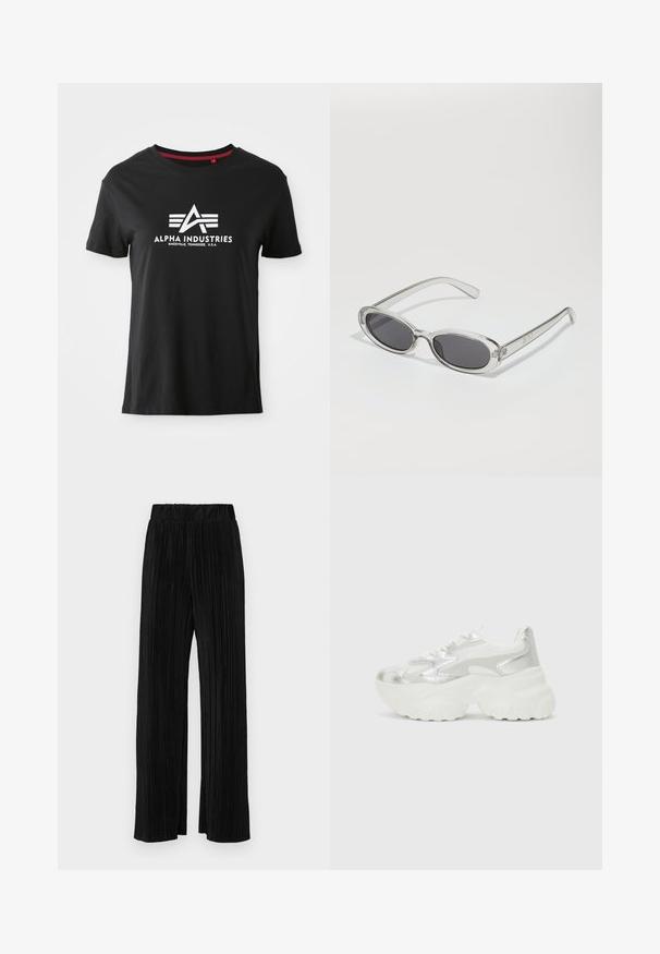 Zwarte katoenen t-shirt met een ronde hals en korte mouwen. Beschikt over een opvallend wit logo met gestileerde letters en accentlijnen aan de voorkant.; Zwarte geplooide broek met een elastische tailleband. Beschikt over wijde pijpen en een glad, gestructureerd stof met verticale strepen.; Zilveren sneaker met een gestructureerde mesh bovenkant en iriserende accenten, voorzien van een chunky witte zool en vetersluiting.; Zonnebril met een ovale vorm, helder plastic montuur, donkergrijze glazen en dunne transparante pootjes met logo-accenten en minimale details.