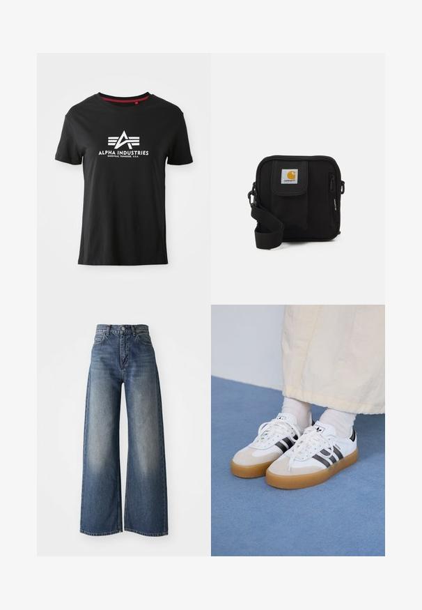 Mustmust värvi puuvillane t-särk ümmarguse kaelusega ja lühikeste varrukatega. Esipaneelil on silmatorkav valge logo stiliseeritud tähtedega ja aktsentjoonidega.; Sinine kõrge vöökoht ja laiad teksad, millel on ees nööp ja taskud, tuhm tekstuur reitel ja sirge serv.; Valged tossud mustade triipudega ja beeži nahaga aktsentidega. Omavad tekstuuriga kummist talla ja lamedaid valgeid paelu, kantud heledate sokkidega.; Mustmust kott, millel on lukkudega peamine ruum, esikott, reguleeritav rihm ja nähtav logofirma kleebis kaasel.