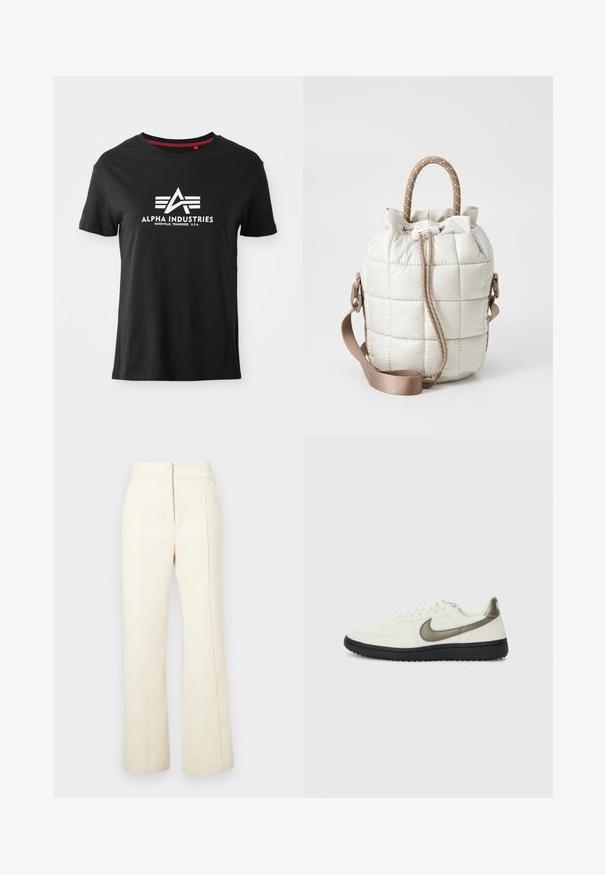 Camiseta de algodão preta com decote redondo e mangas curtas. Apresenta um logótipo branco proeminente com letras estilizadas e linhas de destaque na parte da frente.; Calças de cor creme com um design de perna larga, cintura elástica e costuras laterais subtis. Apresenta um pequeno logotipo na parte inferior da frente.; Nike Sportswear FIELD GENERAL - Sapatilhas - off-white/black; Saco acolchoado em bege claro com um topo franzido, apresentando uma alça trançada e uma correia destacável. Textura suave com um brilho sutil.