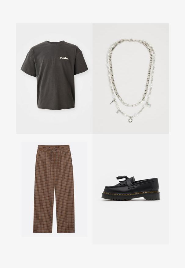 Tmavošedé tričko s krátkym rukávom s bielym logom "Dickies." na ľavom prsníku, s okrúhlym výstrihom a voľným strihom.; Hnedé kárované nohavice s elastickým pásom a šnúrkou. Vzor obsahuje modré a tmavohnedé štvorce, ľahká tkanina, široký strih.; Čierne kožené loafre s detailom na strapcoch, s masívnou čiernou podrážkou a žltým prešitím pozdĺž okraja. S textúrovaným povrchom.; Viacvrstvový náhrdelník so striebornými reťazami a perlovými korálkami, ozdobený príveskami, vrátane kľúčov a štvorcového pendantu. Hladký povrch s lesklým finišom.