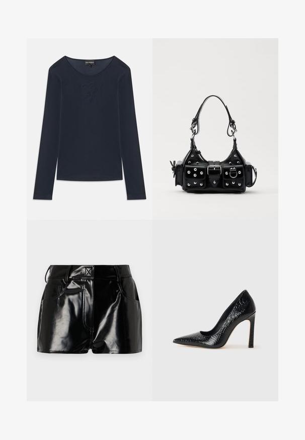 Camisa de manga longa azul marinho com gola redonda e um discreto logótipo bordado no peito, feita de um tecido macio, disposta em plano sobre um fundo branco.; Calções pretos e brilhantes feitos de material sintético. Apresentam uma cintura justa, passantes para cinto e bolsos frontais com detalhes de costura proeminentes.; Sapato de salto alto de bico fino preto com textura de pele de crocodilo, apresentando um design elegante, salto agulha alto e interior preto suave.; Bolsa de couro preta com um design curvado, apresentando tachas prateadas, uma fivela e dois bolsos laterais. Alça ajustável para opções de transporte.