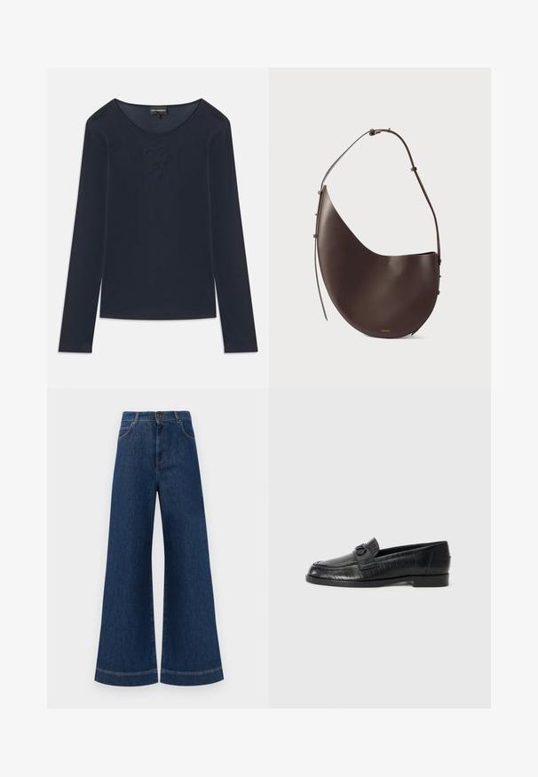 Tumši zilas krāsas, garām piedurknēm, apļa kakla krekls ar diskrētu izšūtu logo krūšu daļā, izgatavots no mīksta materiāla, novietots uz balta fona.; Plati ziladenim bikses ar augstu jostasvietu, kas aprīkotas ar pogas aizdari, jostu cilpām un nelieliem šuvju detalizējumiem ap kabatām un malām.; Melnas ādas puszābaki ar gludu virsu, iešūtu lineāru rakstu un dekoratīvu sprādzi uz priekšpuses. Zems, kvadrātveida papēdis.; Brūnas ādas rokas soma ar izliekumu, vienu siksnu un minimālistisku dizainu. Iezīmēta ar nemanāmu logo un zelta apdari.