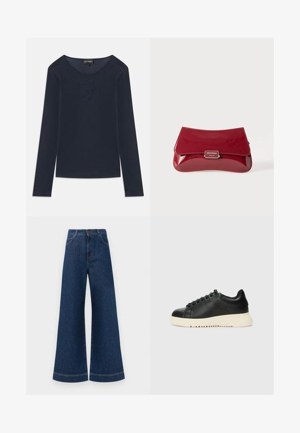 Tengerészkék, hosszú ujjú, kerek nyakú póló, diszkrét hímzett logóval a mellkasnál, puha anyagból készült, fehér háttérre fektetve.; Magas derekú, széles lábú kék farmernadrág, gombos záródással, övhurkokkal és diszkrét varrási részletekkel a zsebeknél és a szegélyeknél.; Fekete bőr sneaker texturált felülettel, kerek orral, hat fekete fűzőlyukkal és fehér gumitalppal, amely barázdákkal rendelkezik.; Piros, lakkbőr clutch táska ívelt dizájnnal, hajtogatott fedéllel és fém logóval egy ezüst színű táblán. Simára csiszolt, fényes felület.