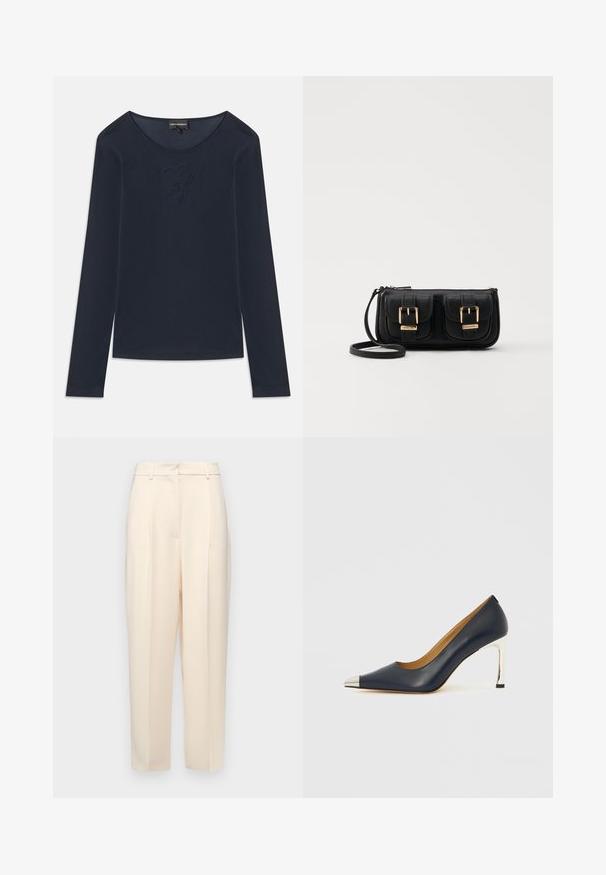 Cămașă cu mânecă lungă și guler rotund, de culoare albastru marin, cu logo brodat discret pe piept, confecționată dintr-un material moale, așezată pe un fundal alb.; Pantaloni bej, ajustați, cu o croială dreaptă, dotati cu pliuri în față, o textură netedă și o talie medie. Fără buzunare vizibile.; Pantof cu toc înalt din piele bleumarin, cu vârf ascuțit, având o căciulă metalică argintie și un toc stillet argintiu lucios.; Geantă neagră din piele, tip crossbody, cu două buzunare frontale, catarame aurii, închidere cu fermoar și o curea subțire. Suprafață texturată și formă rectangulară compactă.