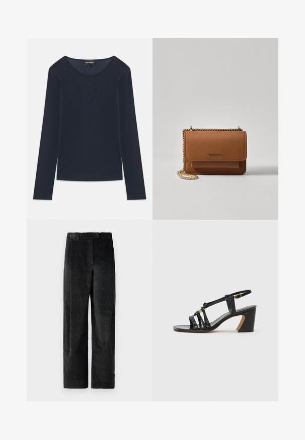 Tengerészkék, hosszú ujjú, kerek nyakú póló, diszkrét hímzett logóval a mellkasnál, puha anyagból készült, fehér háttérre fektetve.; Fekete, textúrált, bő szárú nadrág, hangsúlyos szövettel, elülső redőkkel és lapos derékpánttal. Klasszikus dizájn, amely sokoldalúságot biztosít.; Paul Smith AMIRA - Klasszikus sarkú cipők - black; Barna textúrájú bőr keresztbody táska arany lánc pánttal és fedélzárral. Az elején logó részlet és egy zseb található a fedél alatt.