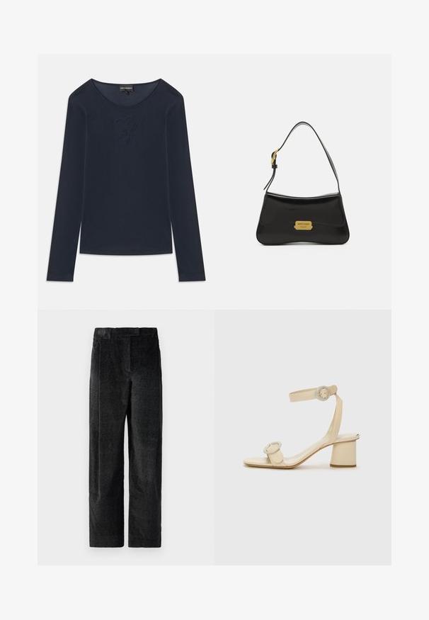 Tamsiai mėlyna ilgomis rankovėmis, apvaliu kaklu marškinėliai su subtiliu išsiuvinėtu logotipu ant krūtinės, pagaminti iš minkštos medžiagos, išdėstyti ant baltos fono.; Juodos, tekstūruotos plačios kelnės su išreikšta audimo struktūra, turinčios priekinę klostę ir plokščią juosmenį. Klasikinis dizainas, skirtas universalumui.; Šviesiai rudos spalvos aukštakulniai šlepetės minimalistiniu dizainu, su dviem apvaliais akcentais ir masyviu kulnu. Pagamintos iš lygaus odos.; Juodas odinis rankinė su kreiva forma, auksine logotipo plokšte ir plona petine dirželiu. Lygus paviršius su blizgiu apdailu.