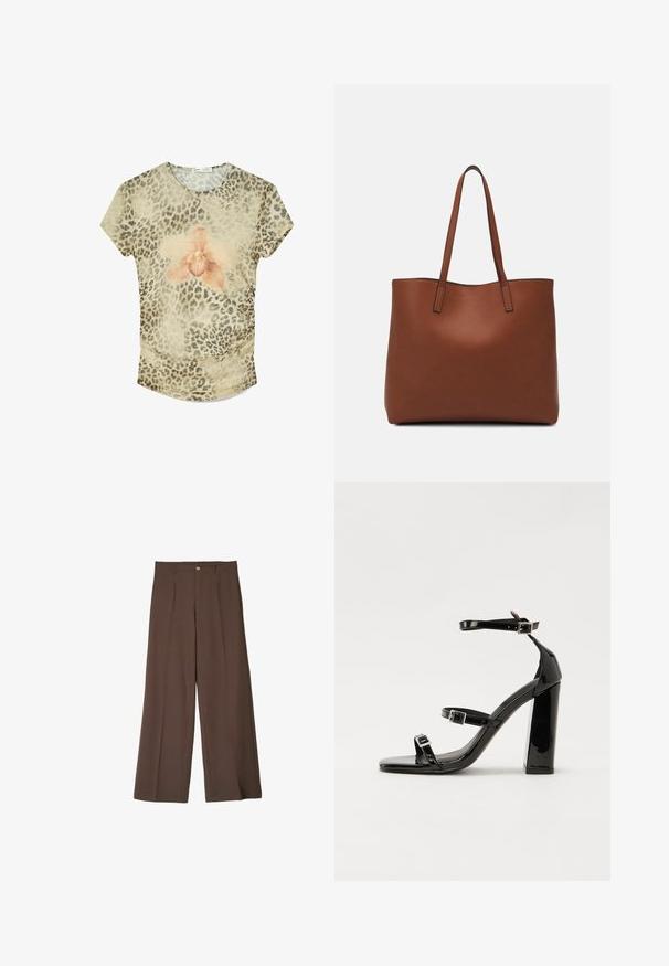 Lyhythihainen paita, jossa on beige leopardikuosi ja suuri vaaleanpunainen orkideakuva keskellä. Pehmeää kangasta, pyöreä helma.; Ruskeat leveät housut, jotka on valmistettu sileästä kankaasta. Niissä on etupleatsit, nappisuljenta ja suorat lahkeet, mikä luo siistin istuvuuden.; Musta kiiltävä korkokenkä sandaalit neliönmuotoisella varpaalla, nilkkaremmillä ja hopeisilla soljilla. Varustettu tukevalla lohkokorkealla vakauden takaamiseksi.; Ruskea nahkainen olkalaukku, jossa on sileä pinta, avoin yläosa ja kaksi olkahihnaa. Omaavat vain minimaalisen ompelun eikä näkyvää metalliosaa.