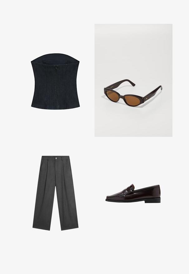 Top corsetto in denim scuro con una silhouette strutturata, caratterizzato da un collo alto e un dettaglio con zip centrale sul retro. Texture liscia.; Pantaloni larghi grigio scuro con sottili righe verticali, pieghe frontali e chiusura con un unico bottone in vita.; Mocassino in pelle marrone con punta in stile mocassino, cuciture elevate lungo l'assottigliamento e suola nera in gomma bassa. Finitura liscia e lucida.; Occhiali da sole a forma di occhio di gatto finti con montatura in plastica marrone scuro e lenti marroni. Presentano dettagli in oro sul braccio e una texture liscia e lucida.; Borsa a spalla in pelle nera con forma curva, texture liscia e una lunga tracolla regolabile. Presenta un sottile dettaglio a nodo e un design minimalista.