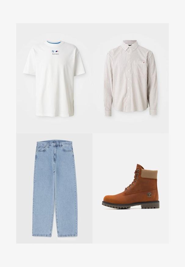 Balti medvilnės marškinėliai trumpomis rankovėmis, su mėlynu apykaklės kraštu ir BMW Motorsport logotipu spausdintu priekyje. Glotni tekstūra, laisvas kirpimas.; Balta ilgomis rankovėmis marškiniai su plonomis vertikaliomis raudonomis juostelėmis ir krūtinės kišene, kurioje yra mažas raudonas ir mėlynas logotipas.; Šviesiai mėlyni džinsai su tiesiomis kojomis, turintys vidutinio aukščio juosmenį, penkias kišenes ir mygtuko bei užtrauktuko uždarymą.; Timberland Suvarstomi aulinukai - medium orange