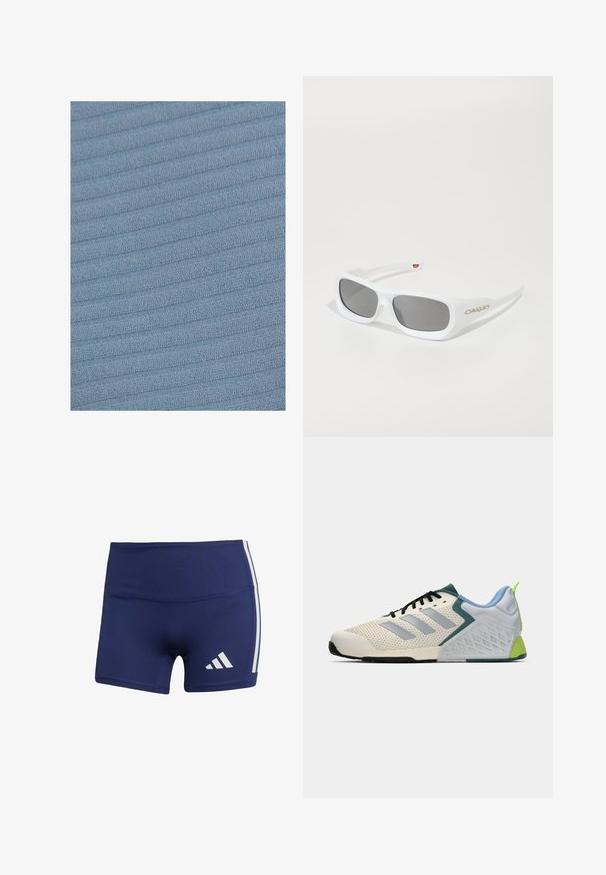Světle modrá tkanina s texturovaným, žebrovaným vzorem. Povrch vykazuje jemné, vyvýšené pruhy, které probíhají horizontálně napříč materiálem.; Tmavě modré sportovní šortky s těsným střihem, vyrobené z hladké látky, s bílými bočními pruhy a logem na dolní levé straně.; Lehké sportovní boty s krémovou síťovinovou svrchní částí, šedými pruhy, zeleným akcentem a texturovaným modrým patním kontrastem. Černé tkaničky.; Bílé obdélníkové sluneční brýle Oakley s tmavými skly položené na bílé ploše, logo viditelné na boku.