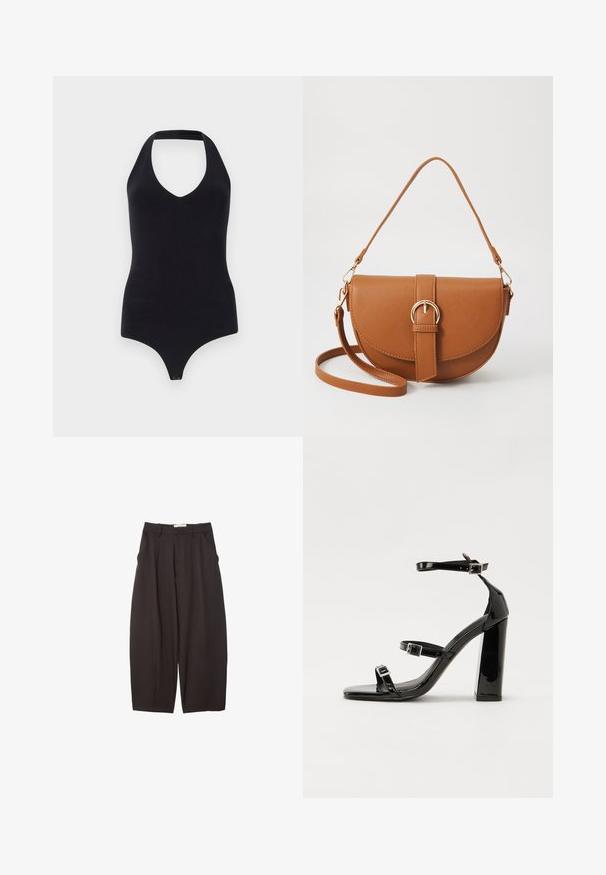 Zwarte halternek bodysuit met een diepe V-hals, aansluitend ontwerp en drukknoopsluiting aan de onderkant voor gemakkelijk aan- en uittrekken.; Zwarte wijde broek gemaakt van een gladde stof, met een hoge taille, voorplooien en zijzakken. Eenvoudig ontwerp zonder versieringen.; Zwarte patent lederen sandalen met hoge hakken, twee gespenbanden, een vierkante neus en een stevige blokhak, met een gladde, glanzende textuur.; Bruine leren schoudertas met een gebogen vorm, gouden hardware en een gespaccent. Bevat een afneembare schouderriem.