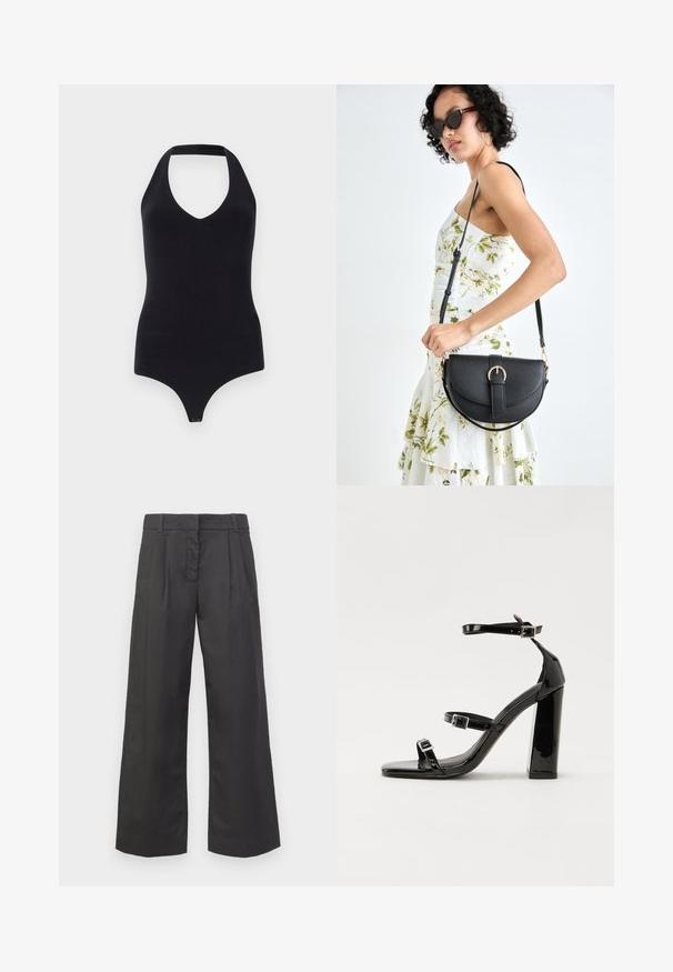 Body a colloquio nero con scollatura a V profonda, design aderente e chiusura a pressione sul fondo per una facile vestibilità.; Pantaloni a gamba larga in tessuto nero, caratterizzati da una vita alta, pieghe frontali e tasche sottili. Texture liscia con una finitura pulita.; Sandali con tacco alto in vernice nera con due cinturini con fibbia, punta quadrata e tacco spesso a blocco, caratterizzati da una texture liscia e lucida.; Borsa a tracolla nera in pelle con una forma curva, manico rimovibile e accessori dorati. La borsa presenta una patta con un dettaglio a fibbia.