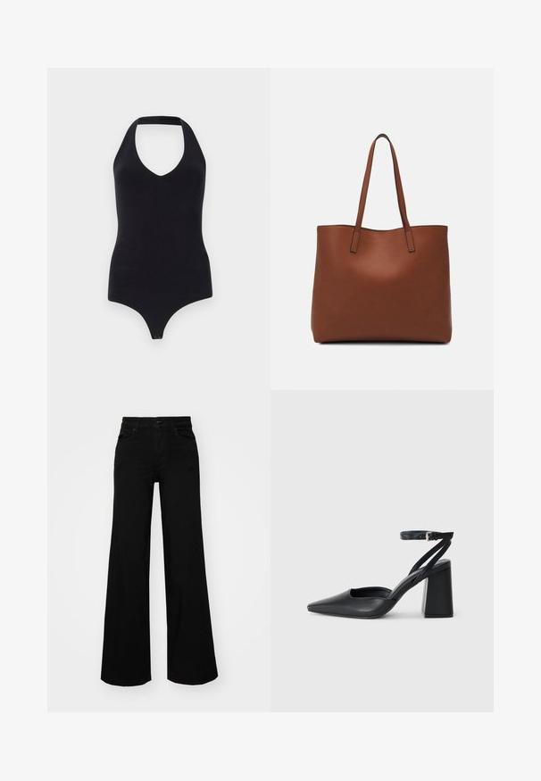Body con negru cu guler halter, cu decolteu adânc în formă de V, design ajustat și închidere cu capse în partea de jos pentru o purtare ușoară.; Pantaloni negri cu picioare largi, din denim, cu un brau structurat, bucle pentru curea și buzunare frontale. Textură netedă, cu un design clasic.; Pantofii cu toc ascuțit din piele neagră, cu breteaua pentru glezne și toc gros. Textură netedă, design elegant și estetică minimală.; Geantă de umăr din piele maro cu o textură netedă, design cu vârf deschis și două curele pentru umăr. Prezintă cusături minime și fără componente metalice vizibile.