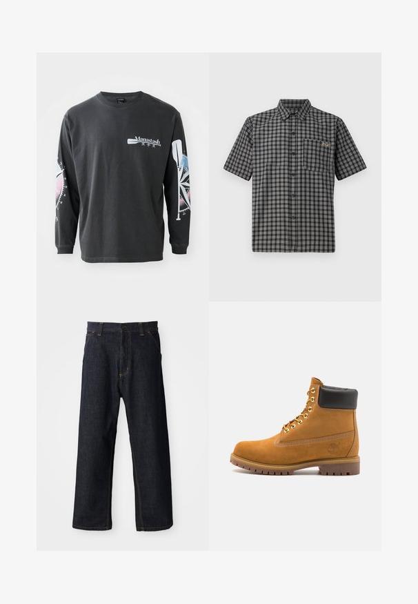 Černé tričko s dlouhým rukávem vyrobené z bavlny, které má na přední straně logo a na rukávech grafiku kompasu a pádla v modrých a růžových tónech.; Tričko s krátkým rukávem v černobílé kostkované vzoru, s límcem na knoflíky, přední kapsou a malou nášivkou na hrudi.; Tmavě modré džíny s rovnými nohavicemi, včetně žlutého šití, předních kapes a zapínání na knoflík v pase.; Hnědé semišové kotníkové boty s černým polstrovaným límcem, zlatými kovovými očky, bílým prošíváním a odolnou gumovou podrážkou s výraznými drážkami.