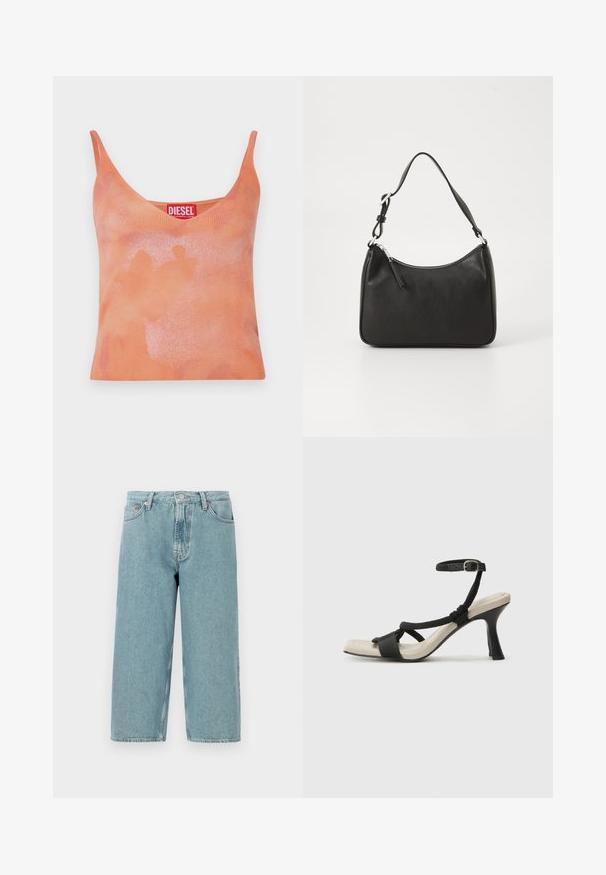 Pomarańczowy ribbowany top na ramiączkach z dekoltem w kształcie litery V. Posiada subtelną, wyblakłą fakturę oraz czerwoną metkę z nazwą marki "DIESEL."; Jasnoniebieskie szorty dżinsowe z wysokim stanem, prostym krojem i surowym wykończeniem. Posiadają klasyczne zapięcie na guzik i zamek błyskawiczny oraz cztery kieszenie.; Czarne sandały na obcasie z plecionym paskiem, kwadratowym noskiem i regulowanym paskiem na kostkę. Jasnobeżowa wkładka z błyszczącym czarnym obcasem.; Czarna skórzana torebka o zaokrąglonym kształcie, z pojedynczym uchwytem, zamknięciem na zamek błyskawiczny oraz subtelnym logo z przodu. Gładka faktura, minimalistyczny design.