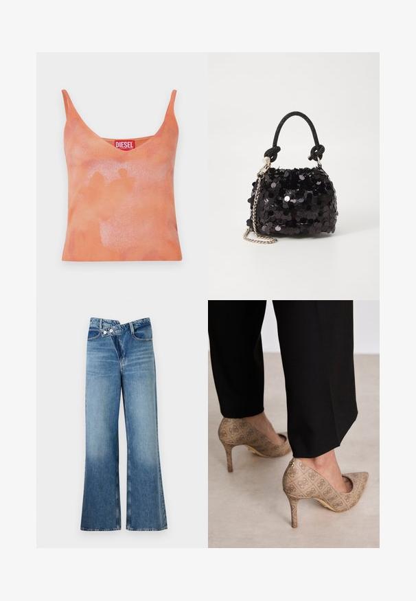 Orange ribbad linne med V-ringning och tunna axelremmar. Har ett subtilt blekt mönster och en röd etikett med märkesnamnet "DIESEL."; Ljust blå denim jeans med utsvängda ben och hög midja, med två knappar och framfickor. Tyget har en blekt textur med subtila variationer.; Beige högklackade skor med en strukturerad tyg som har ett upprepande mönster. Spetsig tån design med bakakcent och detaljer i guld på klacken.; Svart paljett mini-handväska med en knuten texturerad rem och silverkedja. Rund form med samlad topp och reflekterande detaljer.