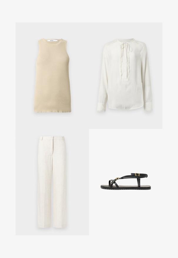 Beige ribbet ærmeløs top med rund halsudskæring, der har en tætsiddende pasform og glat tekstur, ideel til lag-på-lag eller varmt vejr.; Hvid langærmet bluse med rund halsudskæring og snorelukning. Har en tekstureret kant langs fronten og manchetterne. Glat stoffinish.; Beige vide ben bukser i en blanding af linned, med en glat tekstur, klassiske frontfolder og sidelommer for ekstra funktionalitet.; Sorte lædersandaler med tynde stropper og en spændet ankelrem. Flad sål med en tekstureret overflade og zigzag kant. Minimalistisk design.