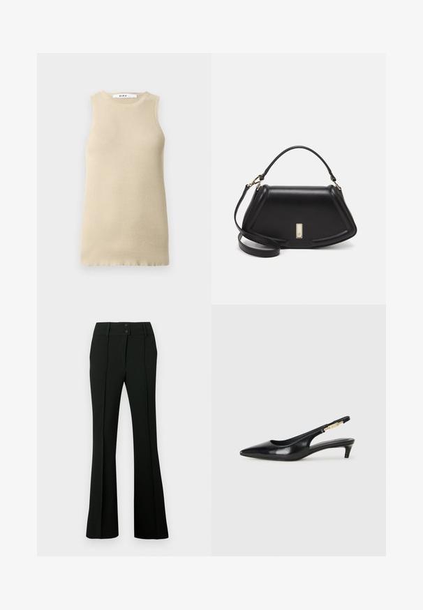 Top senza maniche a righe color beige con scollo rotondo, caratterizzato da una vestibilità aderente e una texture liscia, ideale per sovrapporre o per il clima caldo.; Pantaloni neri a zampa d'elefante in tessuto liscio, con vita alta dotata di due bottoni e pieghe frontali, che donano un aspetto sartoriale.; Tacchi slingback in pelle nera con punta affusolata, caratterizzati da un tacco alto e un accento dorato sulla cinghia regolabile. Texture liscia.; Borsa a mano in pelle nera con un design strutturato, caratterizzata da una forma corta, manico superiore e accessori in metallo dorato. Inclusa tracolla regolabile.