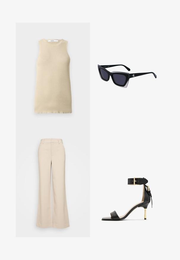 Bežinė banguota be rankovių palaidinė su apvaliu iškirpimu, pasižyminti prisitaikančiu siluetu ir lygiu paviršiumi, puikiai tinkanti sluoksniavimui ar šiltam orui.; Bežiniai plačios kojos kelnes su lygiu paviršiumi, turinčios aukštą liemenį ir dvi priekinės kišenes. Švarus dizainas su pritaikytu siluetu.; Juodas odinis aukštakulnis šlepetės su kvadrato formos pirštu, kulkšnies dirželiu su auksiniu užsegimu ir liesu metaliniu kulnu. Lygus paviršius, minimalistinis dizainas.; Juodos didelės saulės akinių su geometrine forma, turinčiais tamsius objektyvus ir kontrastingą pilką detalę ant rėmelio. Logotipas ant šalon.