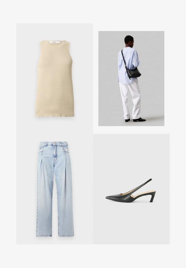 Beige bordázott ujjatlan felső kerek nyakkivágással, szoros szabással és sima textúrával, tökéletes rétegezéshez vagy meleg időjáráshoz.; Világoskék farmernadrág magas derekú, bő szabású, két oldalsó zsebbel és pliszírozott dizájnnal. Puha tapintású, elhalványított felület.; Fekete, hegyes orrú, slingback cipő alacsony sarkával, sima bőrből készült, oldalt kivágott deisgnal a légáteresztőképesség érdekében.; Fekete bőr válltáska puha tapintással, háromszög alakú, állítható pánttal, világoskék csíkos inggel és fehér nadrággal párosítva.