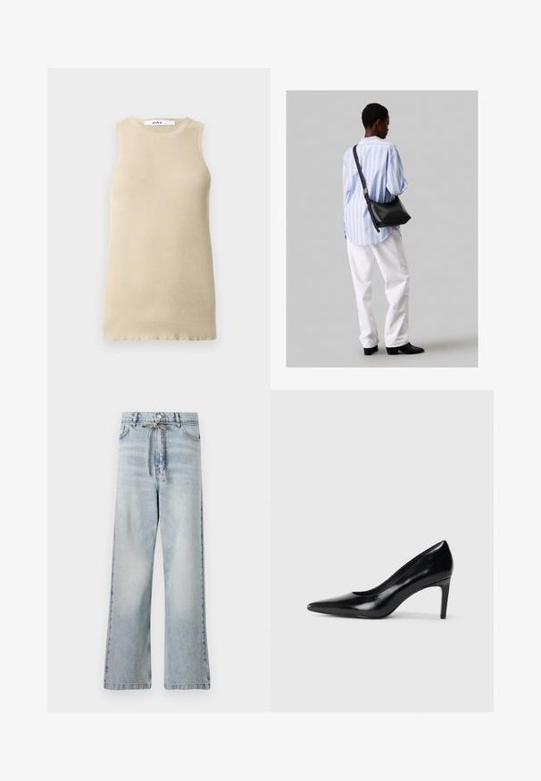 Beżowy, prążkowany top bez rękawów z okrągłym dekoltem, o dopasowanym kroju i gładkiej teksturze, idealny do noszenia w warstwach lub w ciepłe dni.; Jasnoniebieskie dżinsy typu wide-leg wykonane z denimu, z wysokim stanem, przednimi kieszeniami i detalem sznurka w talii. Efekt postarzania.; Czarna skórzana szpilka z ostrym noskiem, gładką fakturą i zwężającym się obcasem. Minimalistyczny design, bez dodatkowych zdobień.; Czarna skórzana torba na ramię o miękkiej fakturze, w kształcie trójkąta, z regulowanym paskiem, połączona z jasnoniebieską koszulą w paski i białymi spodniami.