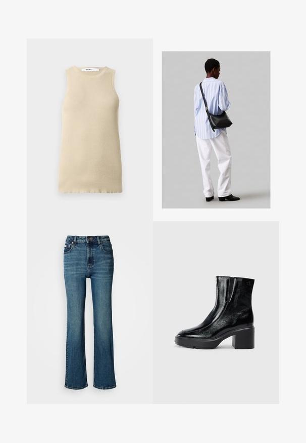 Beige ribbattu toppi ilman hihoja, jossa on pyöreä kaula-aukko, tiukka istuvuus ja sileä tekstuuri, ideaalinen kerrospukeutumiseen tai lämpimille säille.; Korkeavyötäröiset siniset farkut, jotka on valmistettu denimistä, ja joissa on suora lahje, hienovarainen haalistuminen sekä tavallinen nappi- ja vetoketjusuljenta.; Musta patentoitu nahkasaappaat nilkkoihin, joissa on kaareva kärki, joustavat sivupaneelit ja paksu lohkoilut. Takana on kohokuvioitu logo.; Musta nahkainen olkalaukku, jossa on pehmeä rakenne, kolmion muoto ja säädettävä hihna, yhdistettynä vaaleansiniseen raidalliseen paitaan ja valkoisiin housuihin.