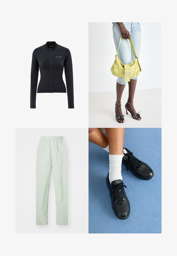Veste noire à manches longues avec un col montant ; dispose d'une fermeture éclair à l'avant, de panneaux latéraux en mesh et du logo FALKE en blanc sur la poitrine.; Pantalons légers de couleur vert clair, avec une taille élastique. Design à jambes droites, dotés d'une texture minimale et d'un détail de logo subtil.; Des baskets Nike noires présentent une tige texturée, des accents brillants et des lacets ronds. Elles sont associées à des chaussettes blanches côtelées sur une surface bleu clair.; Sac à main perforé jaune avec détail de boucle et bandoulière réglable, associé à un short en denim et des sandales à talons noirs ornées de nœuds.