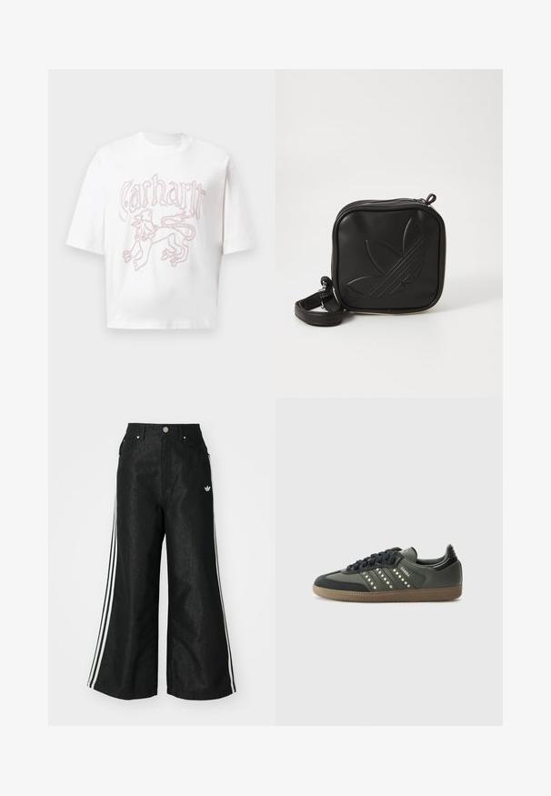 Weißes T-Shirt mit kurzen Ärmeln, mit rotem umrandetem Löwenmotiv und stilisiertem "Carhartt"-Text auf der Brust.; Schwarze, weit geschnittene Jeans mit drei weißen Streifen an jeder Seite und einem kleinen weißen Logo. Mit vorderen Taschen und einem Knopfverschluss.; adidas Originals SAMBA OG - Sneaker low - core black/legend earth/gum; Schwarze Umhängetasche aus strukturiertem synthetischem Material. Verfügt über ein eingeprägtes Logodesign und einen verstellbaren Riemen. Mit Reißverschluss geschlossen.