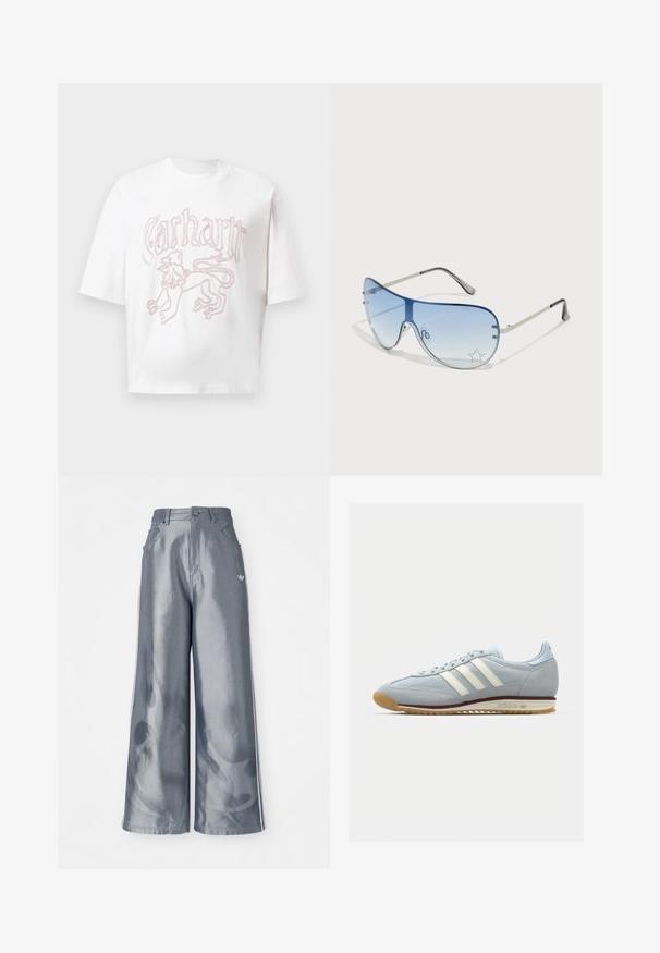 Hvit kortermet T-skjorte med rød omrisset løvegrafikk og stilisert "Carhartt" tekst over brystet.; Vide benbukser i skinnende grå materiale, med hvide sidestriber og et flammemønster på de nederste ben. Knap- og lynlåslukning i taljen.; Lys blå semsket sneakers med hvite tre striper, gummisåle og teksturert mesh. Har en jevn tåhette og merkevare på hælen.; Pilotbriller med gradient blå linse, sølvfarget metallramme og dekorative stjerneaksenter på linsen. Glatt og stilren design.