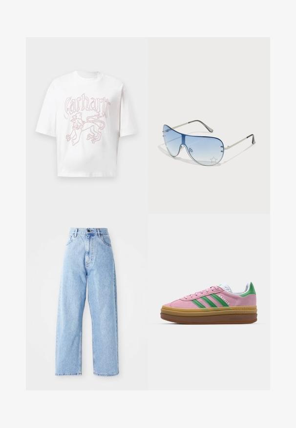 T-shirt bianco a maniche corte con grafica di un leone contornato in rosso e testo stilizzato "Carhartt" sul petto.; Jeans in denim azzurro chiaro a vita alta con gambe larghe e dritte, chiusura frontale con bottone e zip, e tasche anteriori e posteriori.; Sneakers in suede rosa con strisce verdi, dettagli bianchi e suola in gomma marrone. Presentano un tessuto testurizzato e un logo sulla parte laterale.; Occhiali da sole aviator con lenti blu sfumate, montatura in metallo argentato e decorazioni a forma di stella sulle lenti. Design liscio e sofisticato.