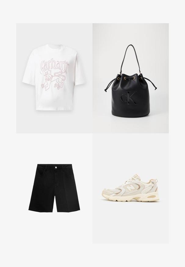 Vit kortärmad T-shirt med rödlinjerad lejongrafik och stiliserad "Carhartt" text över bröstet.; Svarta denimshorts med rak skärning, fem fickor och knäppning med silverfärgad knapp. Slät textur med minimala sömdetaljer.; Beige atletiska skor med nät och syntetiska överlägg, med en texturerad yta, vadderad krage och "ABZORB" dämpning vid hälen.; Svart läder bucket bag med dragsko-stängning, prydd med en glänsande "CK"-logotyp på framsidan och detaljer i guld-ton.