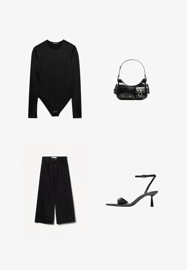 Zwarte lange mouwen bodysuit van gladde stof, met een ronde halslijn en een drukknoopsluiting aan de onderkant voor een veilige pasvorm.; Bershka WIDE-LEG - Wide leg - black; Bershka Sandalen met hoge hak - black; Zwarte laarzen in lakleer met een gebogen vorm, één schouderband, voorvakken en accenten in zilverkleurig metaal.