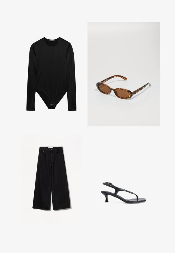 Body nero a maniche lunghe realizzato in tessuto liscio, con scollo rotondo e chiusura a pressione sul fondo per una vestibilità sicura.; Bershka WIDE-LEG - Wide Leg - black; Sandal in pelle nera con design sottile, cinghie sottili e un tacco piccolo. Presenta un accento con fibbia e una soletta liscia e texturizzata.; Occhiali da sole tartaruga con montatura ovale, lenti marroni e astine nere sottili con accenti di pattern discreti.; Borsa a tracolla nera con manici corti, dotata di una chiusura e dettagli in oro. Il design è strutturato, con una silhouette geometrica.