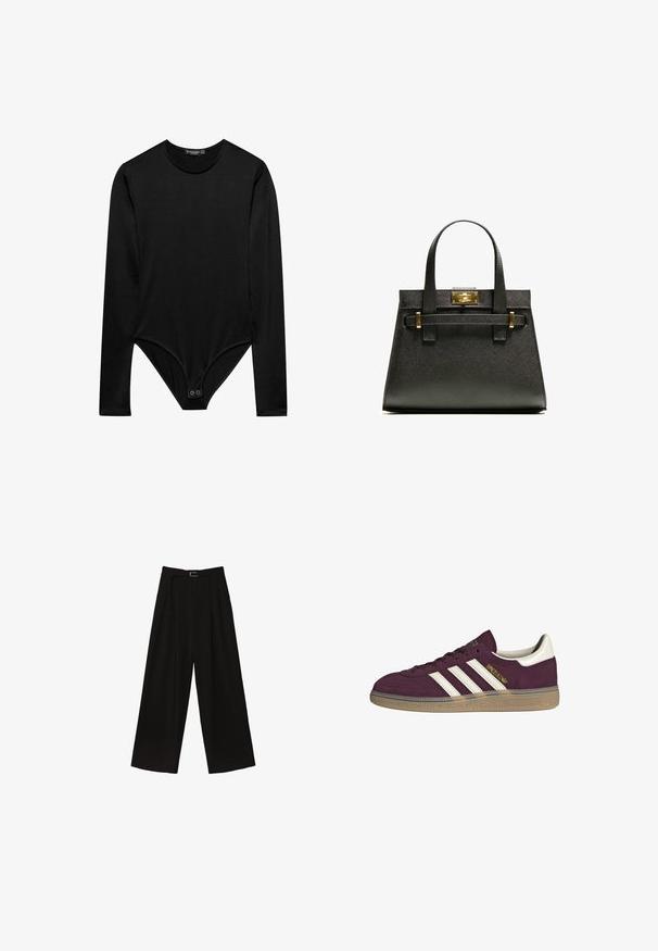 Body nero a maniche lunghe realizzato in tessuto liscio, con scollo rotondo e chiusura a pressione sul fondo per una vestibilità sicura.; Pantaloni neri a gamba larga con vita alta, dotati di una cintura in vita e pieghe per aggiungere texture. Realizzati in un tessuto morbido e leggero.; Sneaker in camoscio bordeaux con tre strisce bianche e accenti beige. Presenta una suola in gomma testurizzata e un marchio dorato sul lato.; Borsa a tracolla nera con manici corti, dotata di una chiusura e dettagli in oro. Il design è strutturato, con una silhouette geometrica.
