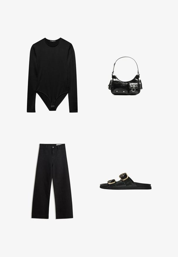 Schwarzer Langarm-Bodysuit aus glattem Stoff, mit rundem Halsausschnitt und Druckknopfverschluss am unteren Ende für einen sicheren Sitz.; Schwarze weit geschnittene Jeans mit hoher Taille, ausgestattet mit Vorder- und Hintertaschen, gesteppten Nähten und einem Knopfverschluss. Glatte Textur.; Schwarze Riemensandale mit zwei goldenen Schnallendetails, glattem Material, flachem Sohlen und minimalistischer Gestaltung.; Schwarze Lackleder-Handtasche mit geschwungenem Design, einem Schulterriemen, Vordertaschen und silberfarbenen Hardware-Akzenten.