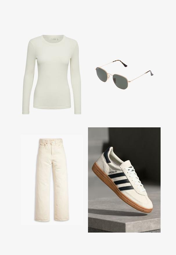 Langærmet ribbet top i off-white med rund halsudskæring og tætsiddende design. Fremstillet af et blødt, glat materiale med en subtil tekstur.; Beige vidde ben jeans lavet af bomuldsdenim. Funktioner inkluderer høj talje, knaplukning og fem-lomme design. Glat, holdbar tekstur.; Hvide ruskinds sneakers med marineblå striber, gummisål, struktureret overdel, rund tå og snøring; har branding på siden og tungen.; Guldmetallisk brille med mørkegrønne linser, aviator-stil, med slanke arme og skildpadde-mønstrede detaljer på spidserne.; Sort quiltet faux læder taske med kædestrop, der har et hexagonalt mønster og en dekorativ vinge detalje på forsiden.