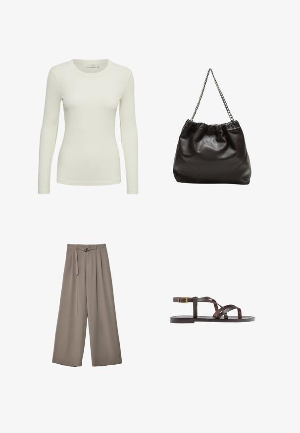 Langärmliges, geripptes Oberteil in Off-White, mit Rundhalsausschnitt und figurbetontem Design. Hergestellt aus einem weichen, glatten Material mit einer dezenten Textur.; Weite Hose aus einem weichen, gedämpften grauen Stoff, mit einem taillierten Bund und Falten für zusätzliche Design-Details. Glatte Textur, keine Muster.; Braune Leder-Sandale mit überkreuzten Riemen, einem Knöchelriemen mit Schnalle und einer flachen Sohle mit minimalen Nähdetails.; Braune Lederhandtasche mit gerafftem Oberteil und Kettenriemen. Glatte Textur mit glänzendem Finish und subtilen Nahtdetails an den Seiten.