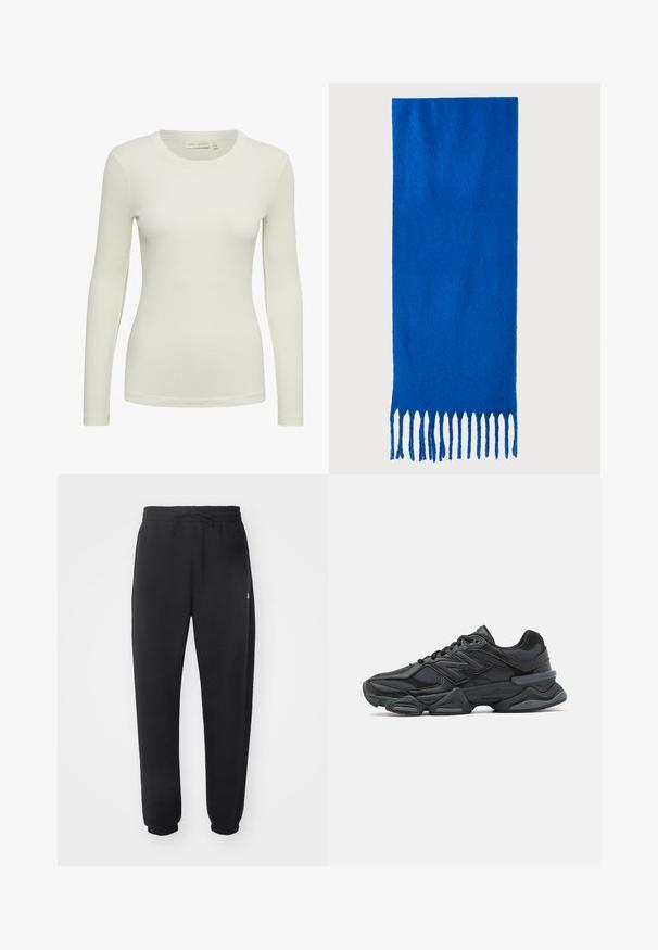 Long-sleeve ribbed top in off-white, featuring a round neckline and fitted design. Made from a soft, smooth material with a subtle texture.; Black sweatpants made of soft material with an elastic waistband, drawstring, and tapered cuffs, featuring a subtle logo on the side.; Black running shoe featuring a mix of mesh and synthetic materials, chunky sole, curved design, and prominent branding on the side.; Blue fringed scarf made of soft fabric; features a solid color with a textured surface and evenly cut fringe at the bottom.