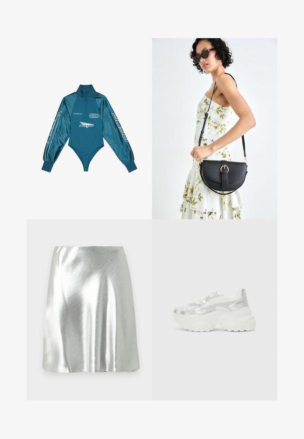 Pegador TAKAYA - Pikkade varrukatega topp - urban turquoise; Hõbedase metallilise viimistlusega mini-seelik, millel on sile tekstuur ja kergus sära. Omaduseks on lehvikukujuline disain ja lihtne, puhas lõigatud ääreline.; Hõbedane sneaker, millel on tekstuuriga võrgust ülemine osa ja iridesSentne aktsent, pakub tummist valget tallat ja nööridega sulgemist.; Mustmust mustraha kõverate joontega, eemaldatava rihmaga ja kuldsete detailidega. Kotil on klapp, millel on pandladetail.