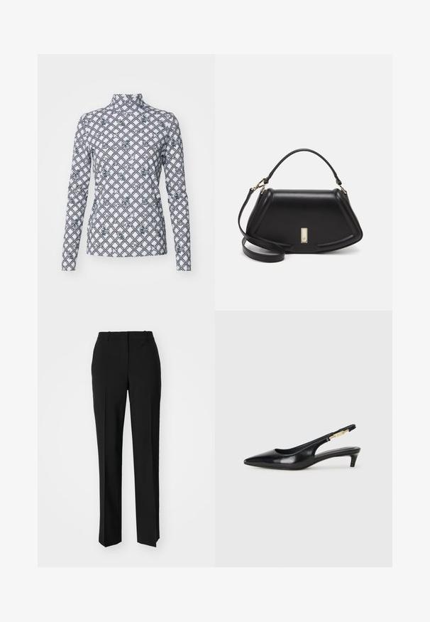 Long-sleeve turtleneck top in white with a geometric black and gray floral pattern. Made of smooth fabric with a fitted design.; Black tailored trousers with a straight-leg design, featuring a smooth texture and crisp creases along the front. No visible hardware.; Black leather slingback heels with a pointed toe, featuring a slim heel and a gold-tone accent on the adjustable strap. Smooth texture.; Black leather handbag with a structured design, featuring a cropped shape, top handle, and gold hardware accent. Adjustable shoulder strap included.