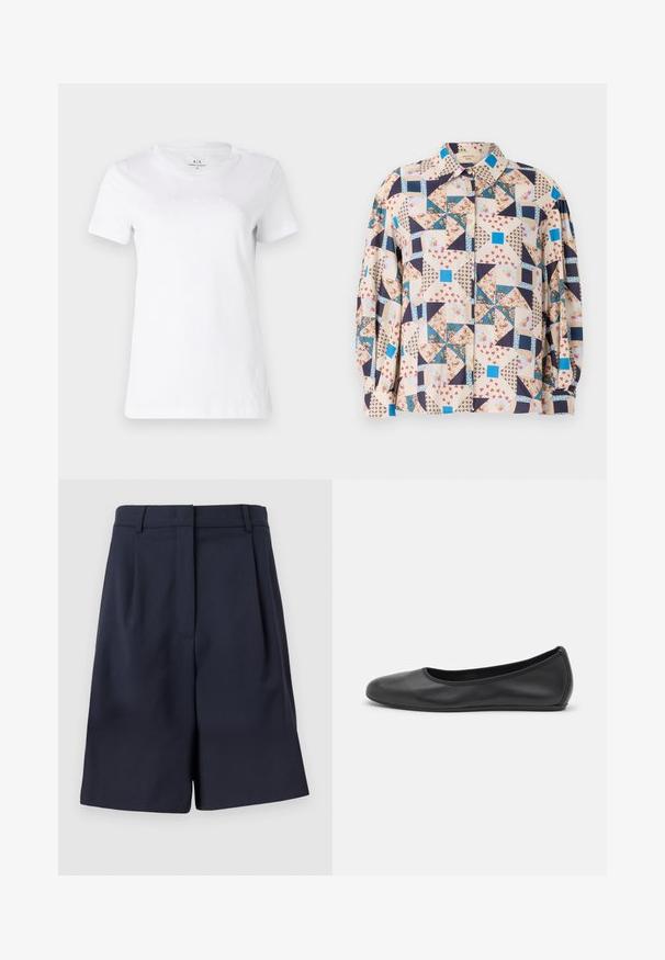 T-shirt bianco in cotone con maniche corte e scollo rotondo. Presenta un logo ricamato discreto sul fronte.; Camicia a bottoni con design a patchwork, caratterizzata da motivi floreali e geometrici nelle tonalità beige, blu, navy e rosso; maniche lunghe.; Bermuda blu navy su misura realizzate in un tessuto liscio con vita alta, pieghe frontali e tasche laterali. Silhouette pulita e strutturata.; Pantofole da balletto nere in pelle con punta arrotondata, texture liscia, dettagli di cucitura minimi e design con suola flessibile.