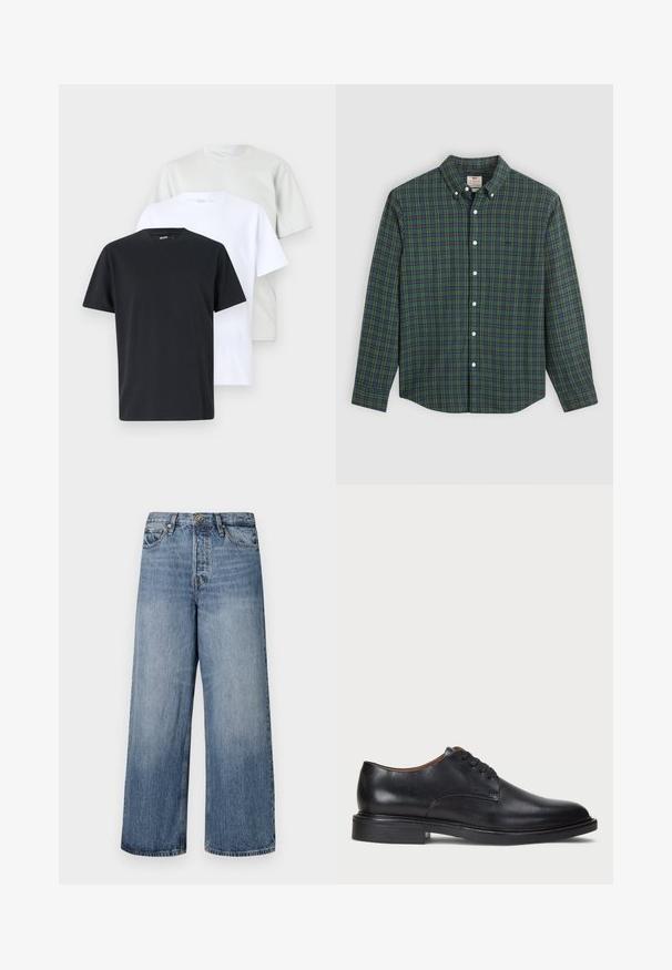 Três camisetas de manga curta em preto, branco e cinza claro, feitas de algodão, com gola redonda e um corte descontraído. Cores sólidas e suaves.; Camisa de botão de mangas compridas com padrão quadrado em verde, azul e amarelo, botões brancos e colarinho abotoado.; Calças de ganga azuis de pernas largas com um efeito desbotado, design de cinco bolsos e fecho de botão. Equipadas com passantes para cinto e detalhes cosidos.; Sapato de vestido em couro preto com bico redondo, design com atacadores e um salto baixo empilhado. Textura suave com detalhes de costura mínimos.