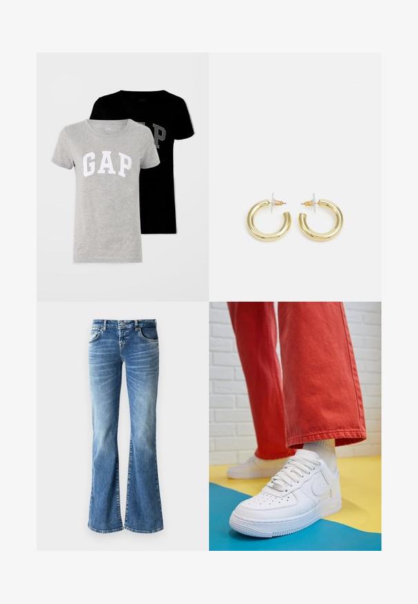 Dos camisetas de manga corta, una gris con el logo blanco de "GAP" y una negra con el logo gris. Ambas están hechas de suave tela de algodón.; Jeans de mezclilla de corte acampanado en un azul claro, con un lavado desgastado, cinco bolsillos, detalles cosidos y cierre de cremallera con botón.; Zapatilla de cuero blanco con caja de dedos perforada, suela texturizada y cordones blancos, combinada con pantalones rojos amplios y un fondo azul y amarillo.; Aretes de aro de oro con un acabado suave y brillante. Diseño circular que presenta un pequeño post y un respaldo transparente para un uso seguro.