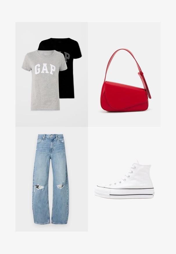 Kaksi lyhythihaista t-paitaa, yksi harmaa valkoisella "GAP" logolla ja yksi musta harmaalla logolla. Molemmat ovat pehmeää puuvillakangasta.; Vaaleansiniset, korkeavyötäröiset farkut, jotka on valmistettu denimmateriaalista. Ominaisuuksiin kuuluvat leveät lahkeet, kaksi revittyä polvialuetta ja klassinen viiden taskun tyyli.; Valkoiset korkeavartiset kangaskengät mustalla kumipohjalla, edessä kuminen varvasosa ja kuusi nauha-aukkoa, puhtaan minimalistisella muotoilulla.; Punainen nahkalaukku, jossa on kulmikas, geometrinen muotoilu. Varustettu yhdellä säädettävällä hihnalla ja läpällä, jossa on ommeltu yksityiskohtia.