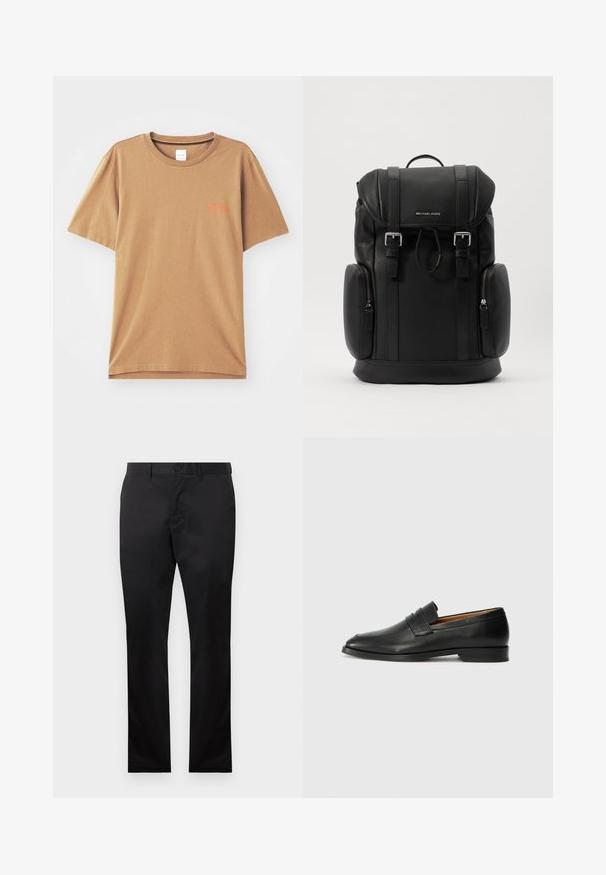 Hnědé tričko s krátkým rukávem vyrobené z bavlny, s kulatým výstřihem, s malým oranžovým textem na hrudi a volným střihem.; Černé bavlněné kalhoty se střihovým designem rovného nohavice, s předním zapínáním na knoflík a bočními kapsami, hladká textura, žádné viditelné vzory.; Černé kožené mokasíny s kulatou špičkou, jemným prošíváním a nízkým podpatkem, s hladkým povrchem a minimalistickým designem.; Černý kožený batoh s texturovaným povrchem, uzávěr na klopu, kovové prvky, postranní zipové kapsy a logo značky na přední straně.
