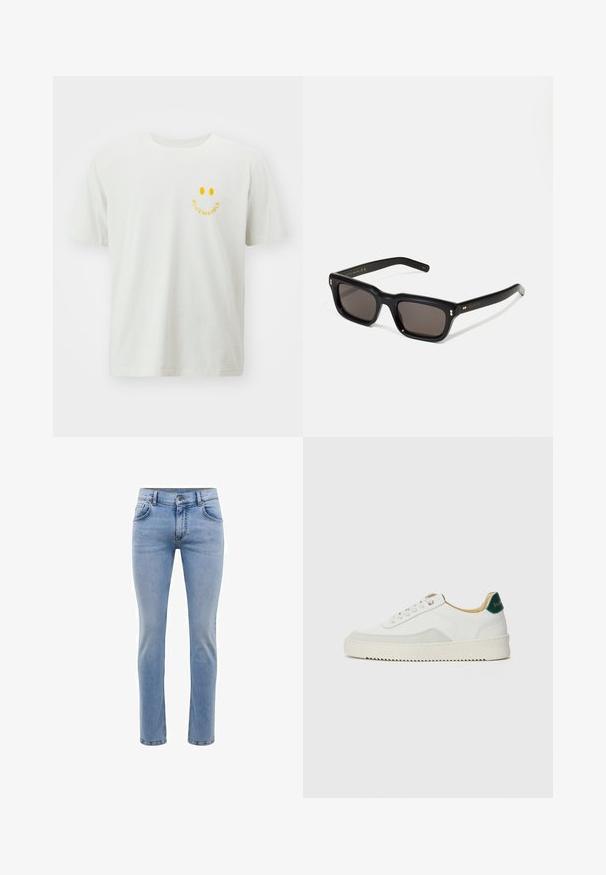 Balta kokvilnas t-krekls ar dzeltenu smaidošu seju grafiku un uzrakstu "BLUE MARBLE" zem attēla. Īsas piedurknes un brīvs piegriezums.; Gai zila denima bikses ar šauru piegriezumu, piecām kabatām un taisnu kāju dizainu. Iekļautas rāvējslēdzēju aizdare un jostas cilpas. Mīksta tekstūra.; Baltas sneakers ar zamša akcentiem, noapaļota purngala, plakaniem auklām un krēmkrāsas gumijas zoli. Ar zaļu zīmolu uz papēža.; Melnas taisnstūra formas saulesbrilles ar tumšiem stikliem, bieza plastmasas rāmja, zelta akcenti pie tempļiem un zīmola logo iegravēts roku daļā.