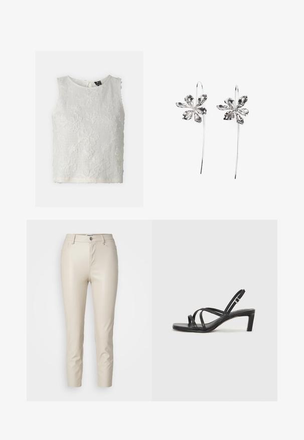 Top alb fără mâneci, realizat dintr-un material texturat, cu motive florale brodate, decolteu rotund și închidere cu nasturi în spate.; Pantaloni din piele ecologică bej cu croială slim, buzunare frontale și închidere cu nasture, având o textură netedă și picioare conice.; Sandal cu barete negre, cu vârf pătrat și toc mic de bloc. Prezintă mai multe barete subțiri și o bareta ajustabilă la gleznă. Fabricat din piele netedă.; Cercei argintii în formă de floare cu un finisaj texturat, având cârlige lungi și detalii asemănătoare petalelor pentru un design complex.