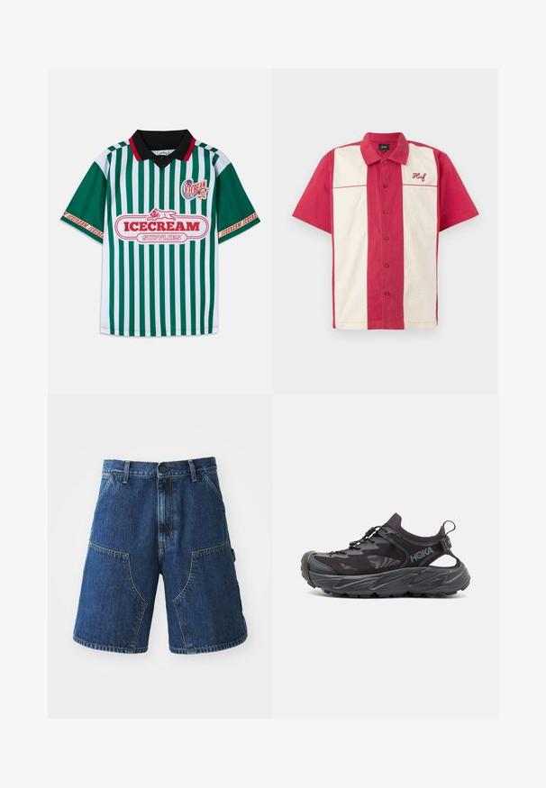 Camisa polo às riscas verdes e brancas com colarinho preto. Apresenta "FORNECIMENTOS DE GELADO" em vermelho, um emblema e detalhes em vermelho nas mangas.; Camisa de botão de mangas curtas com riscas verticais vermelhas e brancas, em tecido de algodão, e logótipo bordado na área do peito esquerdo.; Calções de ganga com um tom de azul escuro, apresentando grandes bolsos frontais, um fecho com botão e costuras visíveis ao longo das costuras.; Sapatilha desportiva preta com parte superior de malha leve, sola de borracha grossa e sistema de atacadores elásticos. Cortes laterais oferecem respirabilidade e suporte.