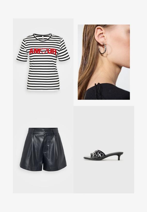 Stripet bomull t-skjorte med svarte og hvite horisontale striper, korte ermer, og "AMOUR" i rød teksturert skrift med et hjerte.; Sorte lærshorts med en glat tekstur, skræddersyet design, plisseret front og bæltestropper; har en skjult lynlås-lomme på siden.; Svarte hæl sandaler med flere glinsende stropper og metalliske detaljer, med spiss tå og moderate kitten hæler. Glatt tekstur.; Sølv ringøredob med en polert finish, med små gull detaljer og en rund form, båret på øreflippen.